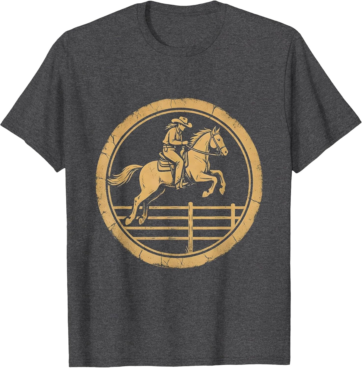 Cowgirl and Horse Jumping Over Fence Graphic T-Shirt - Dark Heather Grey