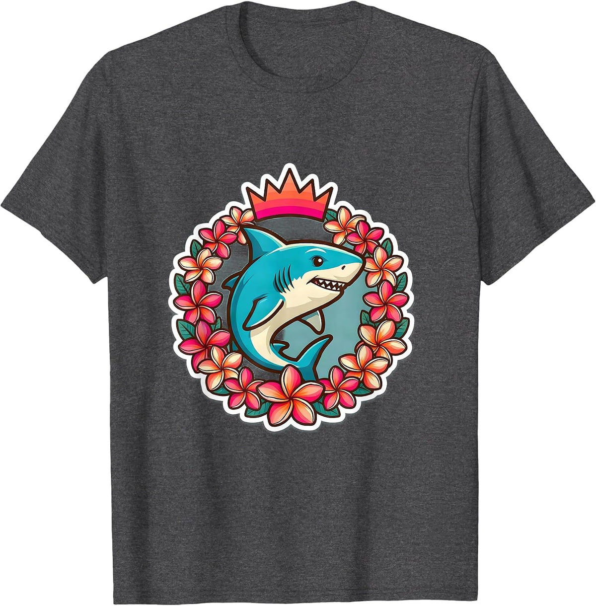 Men's Maui Plumeria Wreath Shark Tropical Illustration T-Shirt - Dark Heather Grey