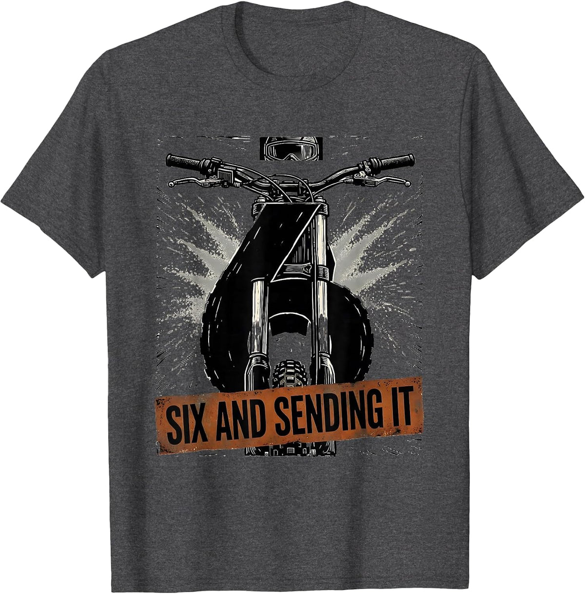 Six And Sending It Linocut Dirt Bike Kids Birthday T-Shirt - Dark Heather Grey