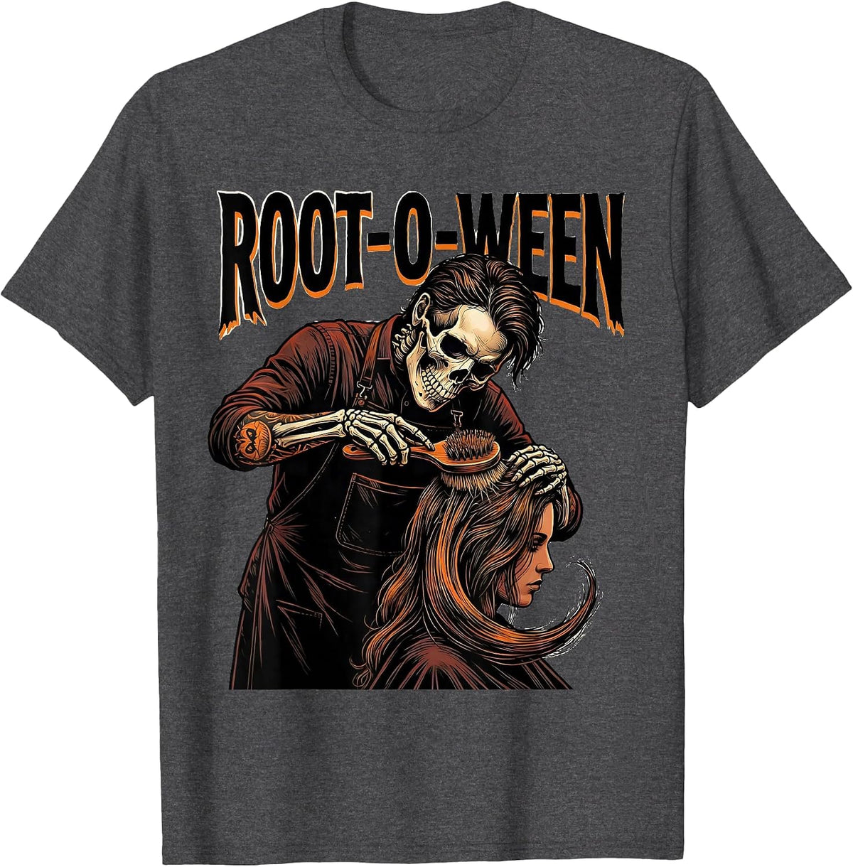 Men's Root-o-Ween Tattoo Skeleton Hairstylist Barber Halloween T-Shirt - Dark Heather Grey