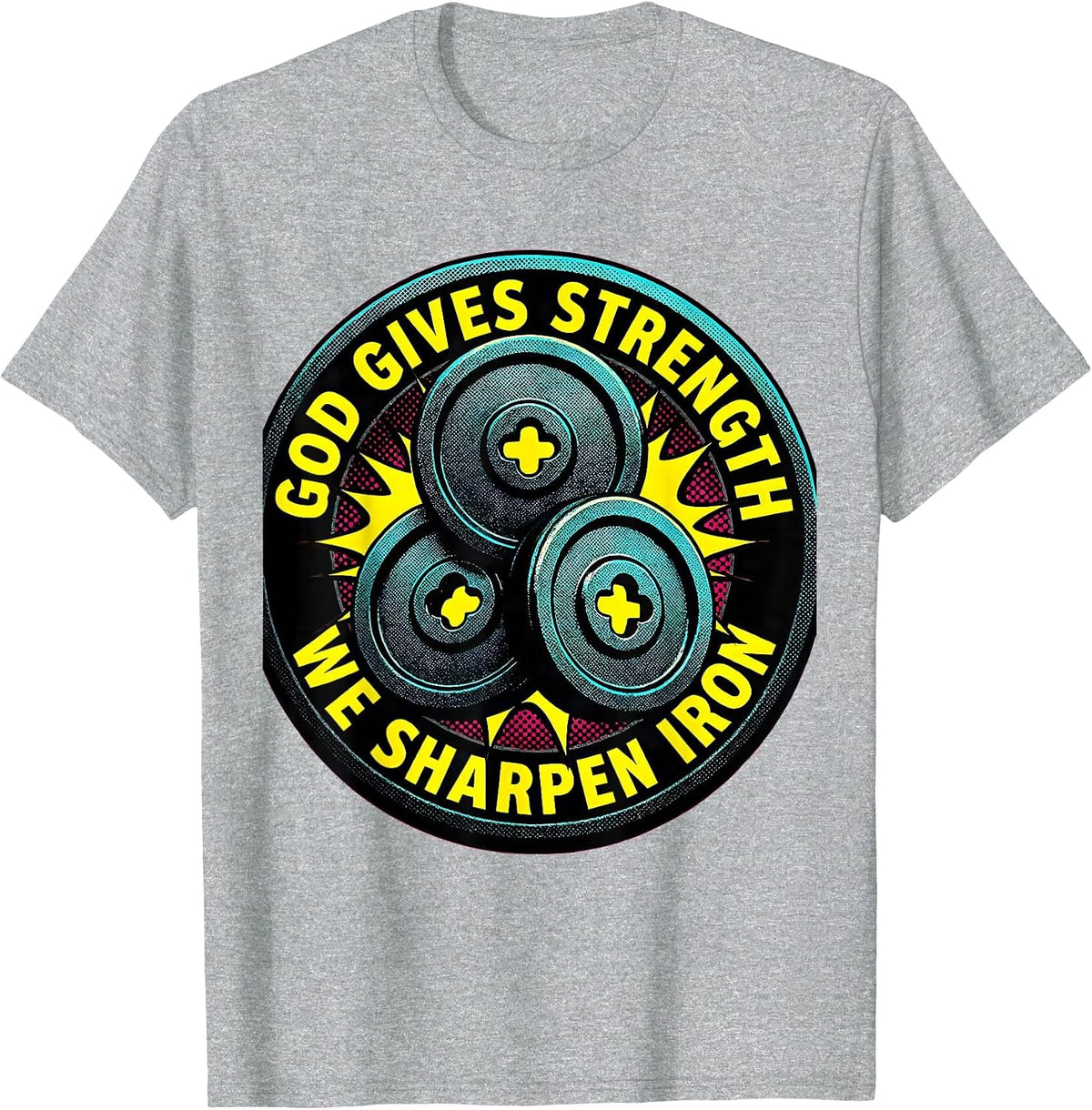 Men's God Gives Strength We Sharpen Iron Pop Art Christian Men Gym T-Shirt - Heather Grey