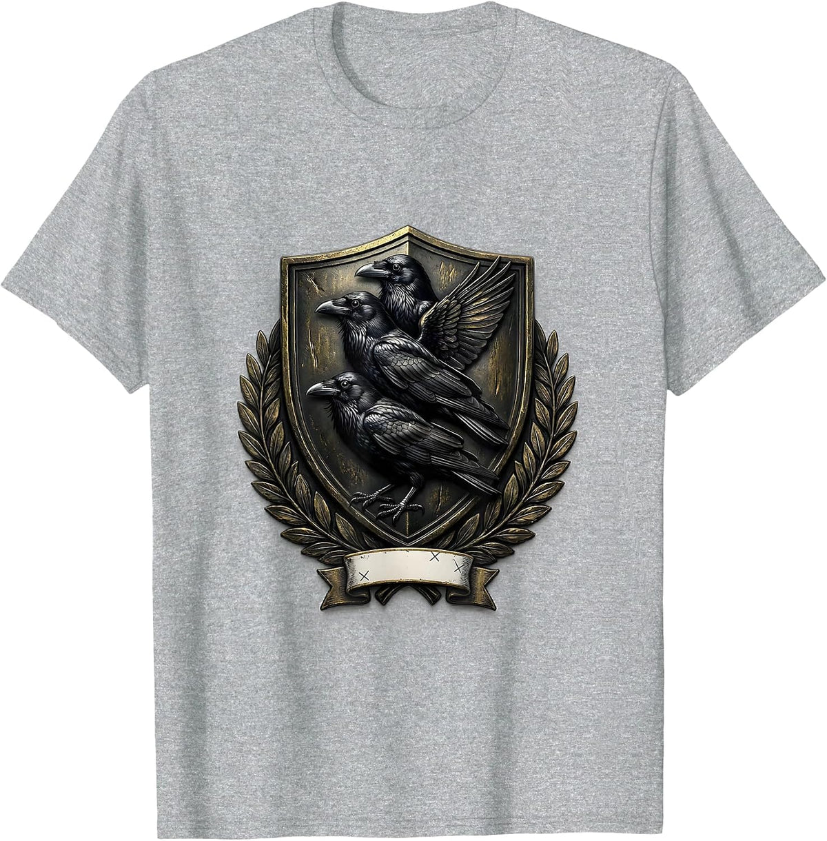 Men's Heraldic Crow Shield Dark Humor Bird Lover Emblem T-Shirt - Heather Grey