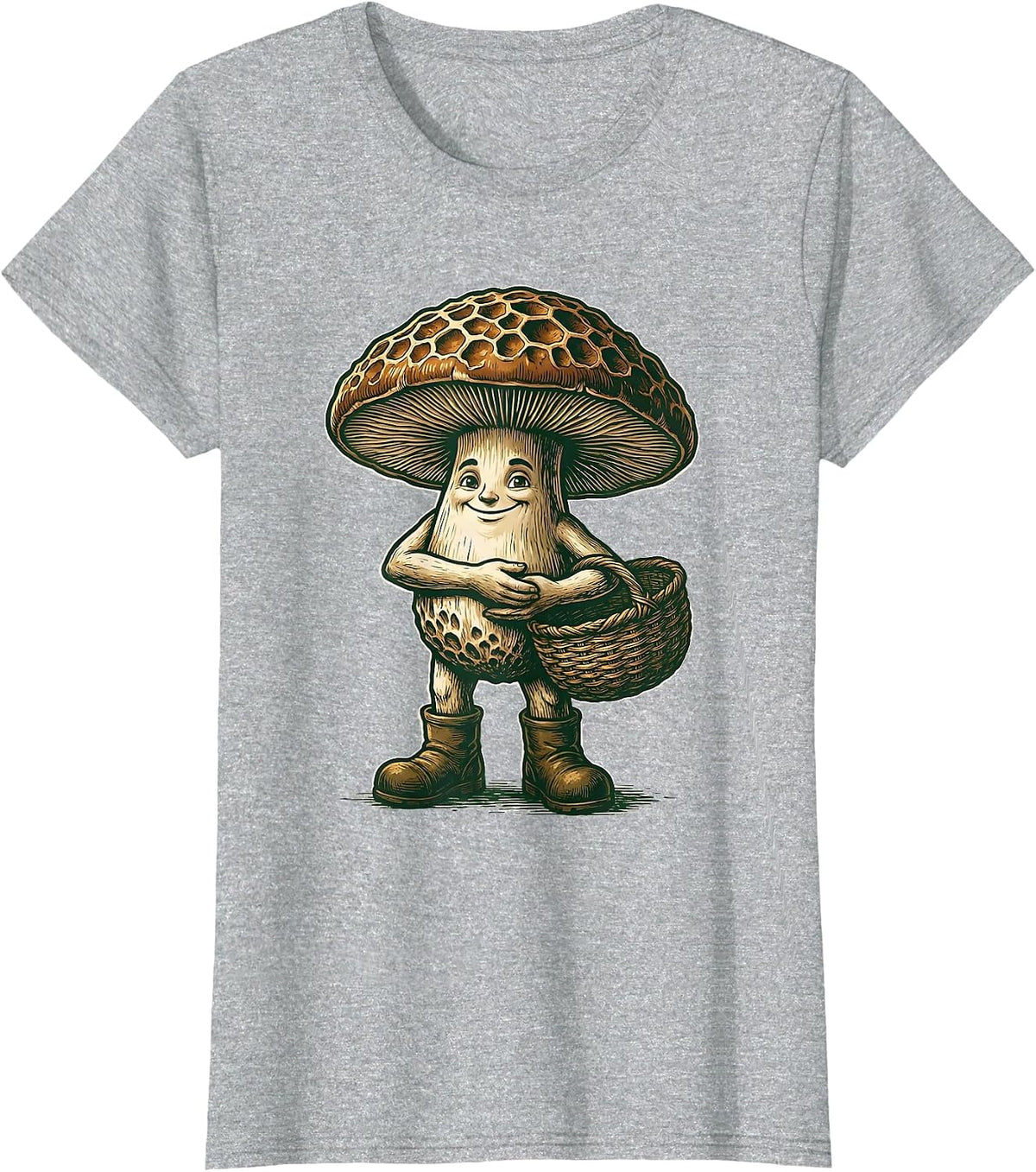 Anthropomorphic Morel Mushroom Forager Humorous Psychedelic T-Shirt - Heather Grey
