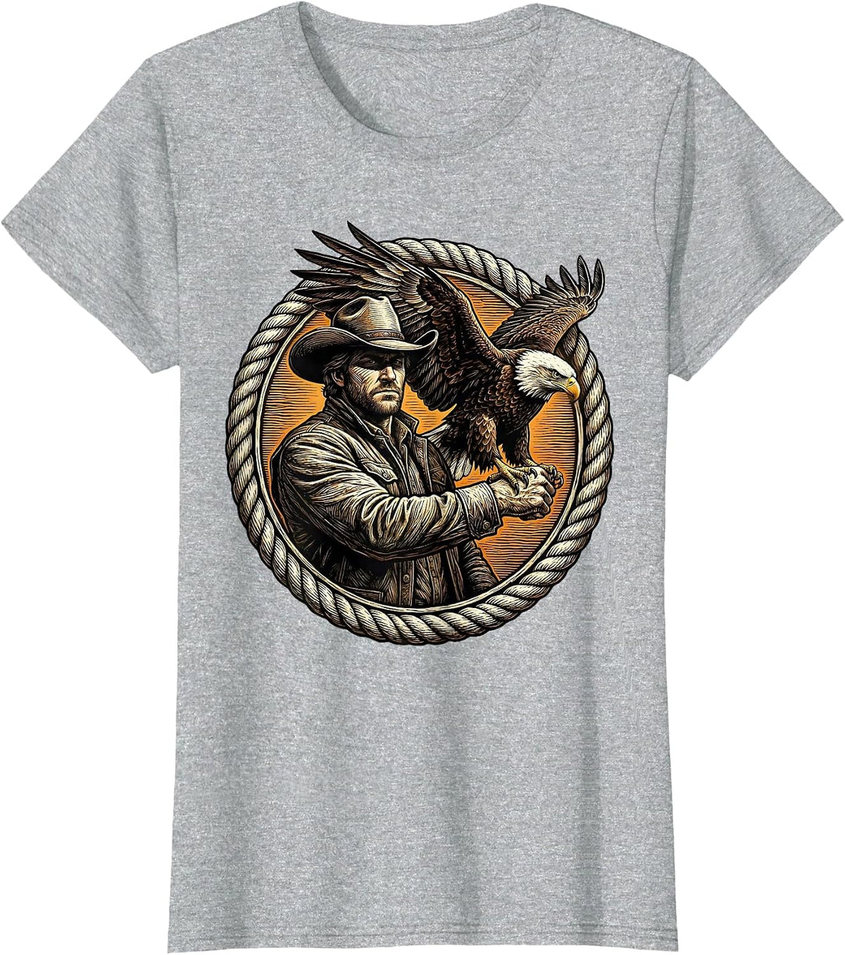 Eagle and Cowboy Outstretched Arm Illustration T-Shirt - Heather Grey