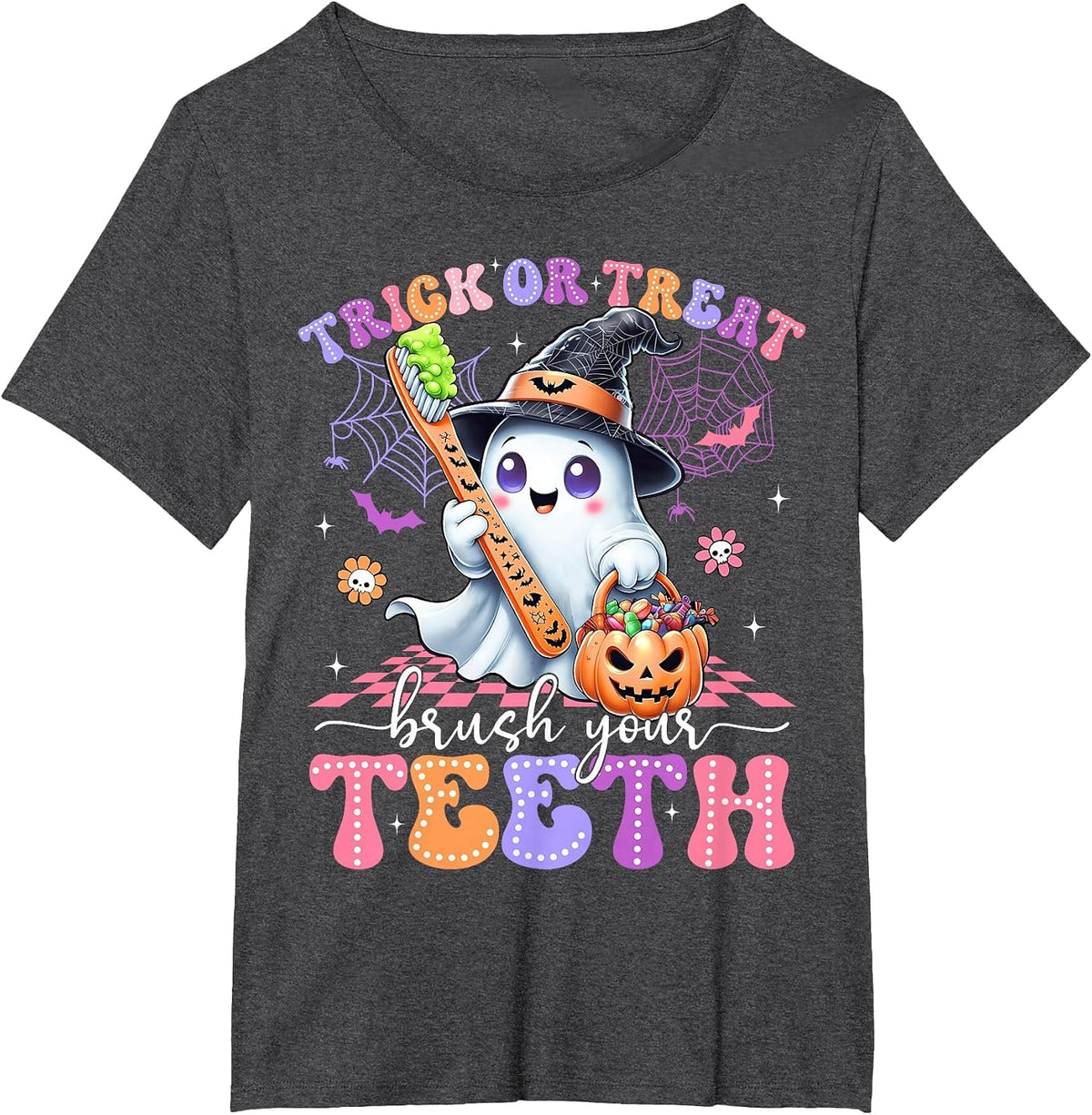 Retro Halloween Trick Or Treat Brush Your Teeth Cute Dentist T-Shirt - Dark Heather Grey