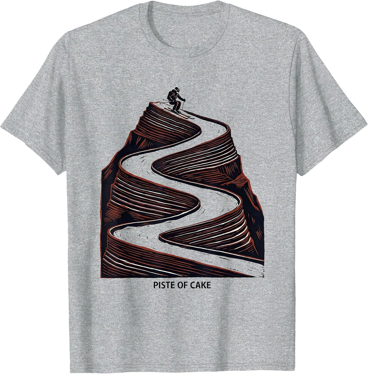 Men's Piste Of Cake Linocut Skiing Enthusiast Gift T-Shirt - Heather Grey