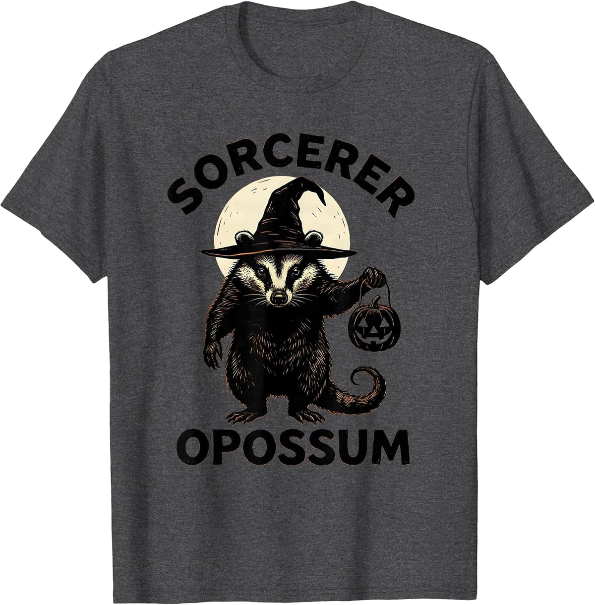 Sorcerer Opossum Linocut Vintage Gothic Halloween Spooky T-Shirt - Dark Heather Grey