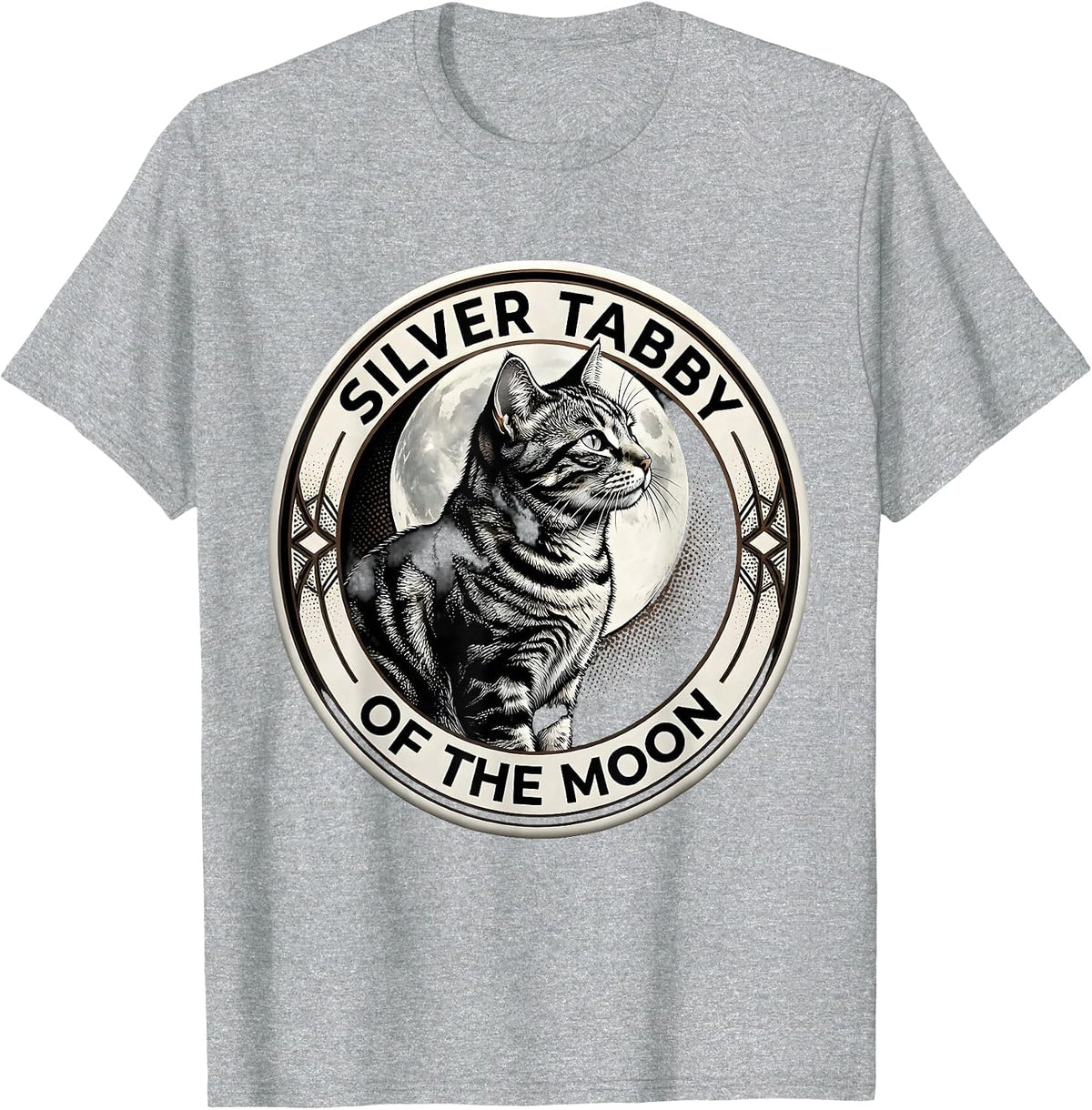 Men's Silver Tabby Of The Moon Blackwork Dotwork Cat Lover Humor T-Shirt - Heather Grey