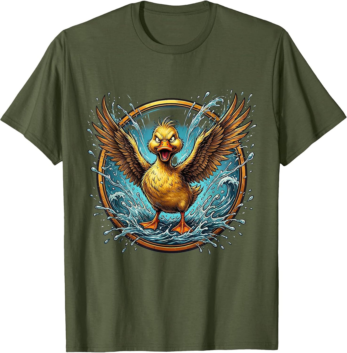 Angry Duck Splashing Water Funny Duck Lover T-Shirt - Olive Green