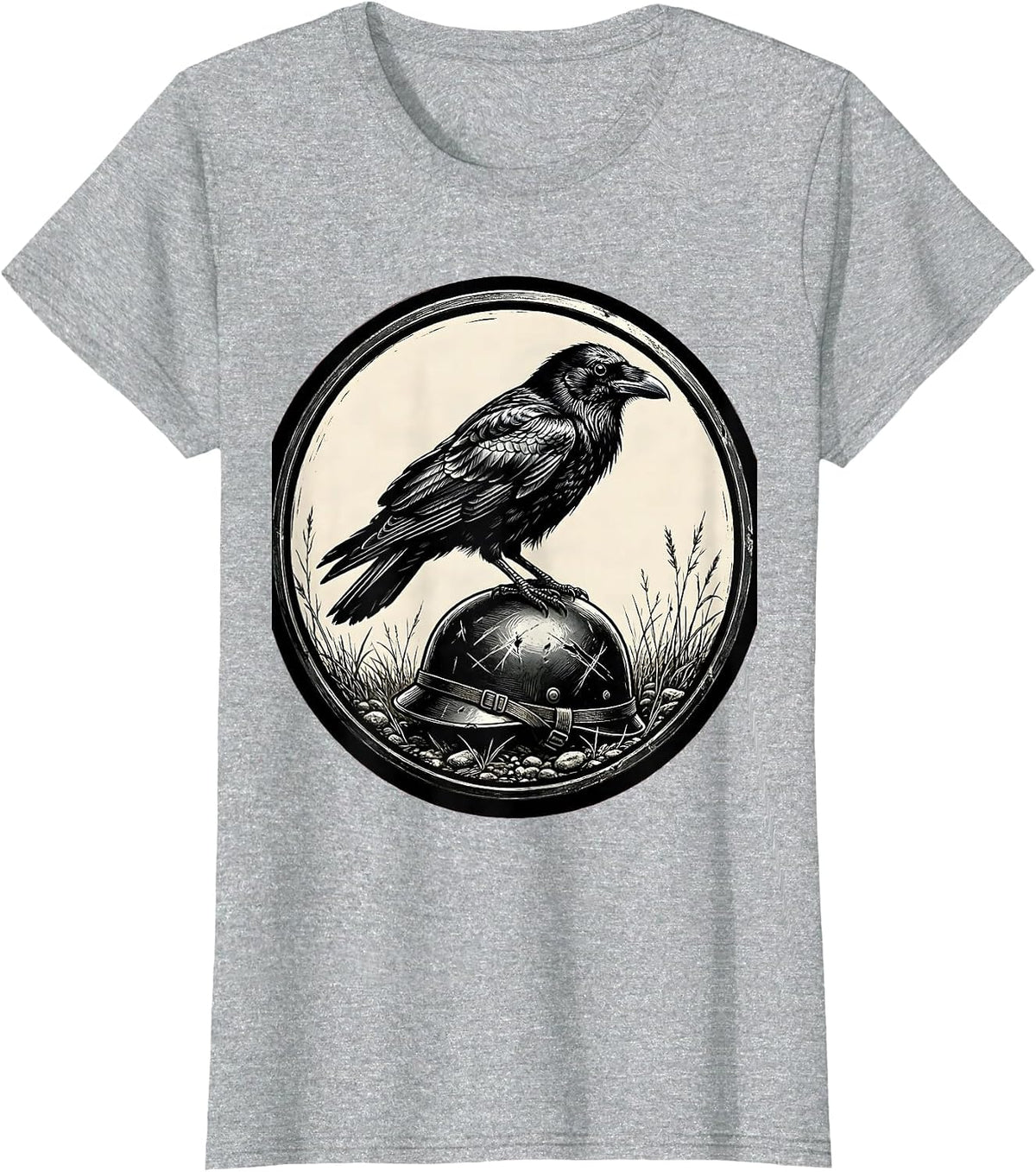 Crow on Fallen Soldier Helmet Memorial Design T-Shirt - Heather Grey