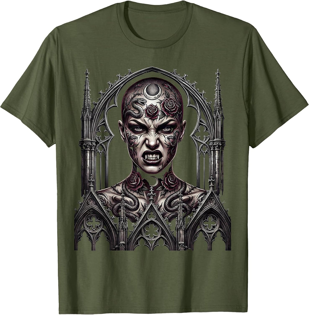 Punk Rock Snarling Shaved Head Tattoo Art T-Shirt - Olive Green