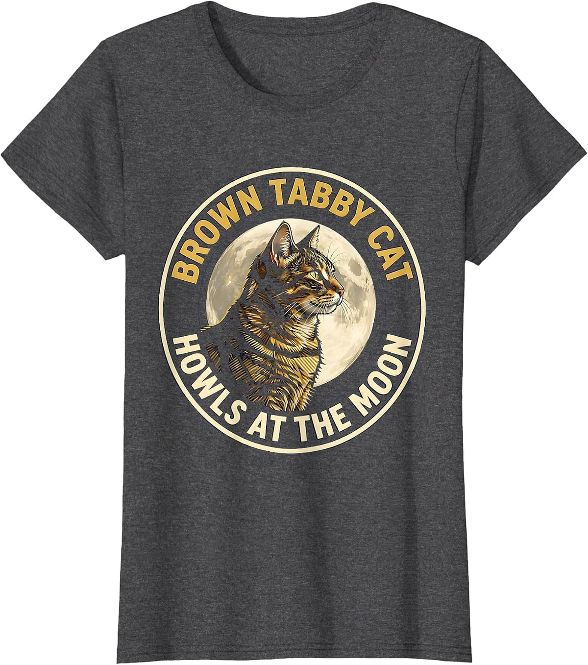 Women's Brown Tabby Cat Howls at the Moon 90s Retro Novelty T-Shirt - Dark Heather Grey