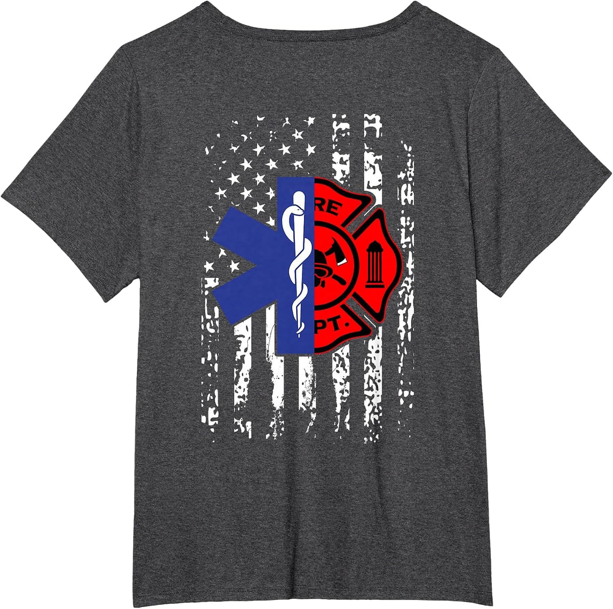 EMT Firefighter Shirt Firefighter American Flag Back Print T-Shirt - Dark Heather Grey