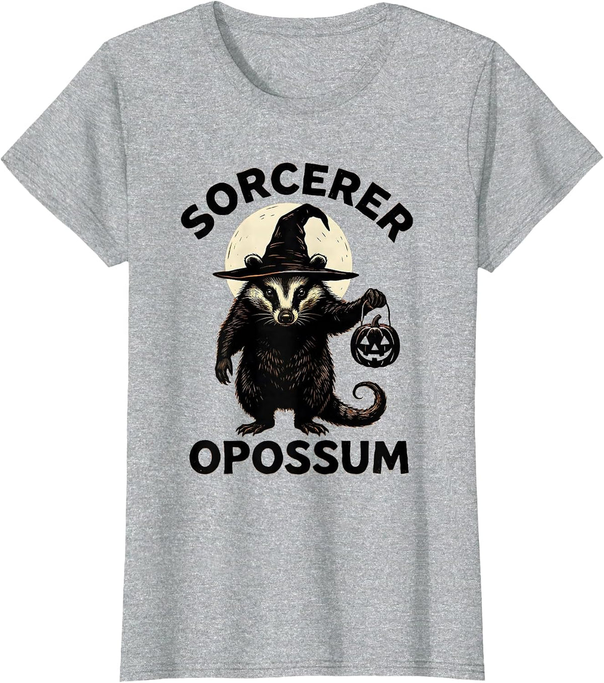 Sorcerer Opossum Linocut Vintage Gothic Halloween Spooky T-Shirt - Heather Grey