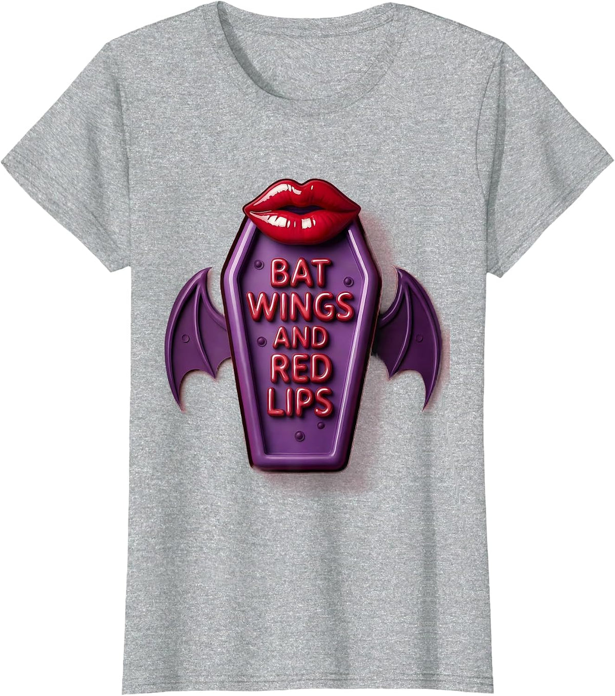 Women's Bat Wings and Red Lips Goth Aesthetic Design T-Shirt - Heather Grey