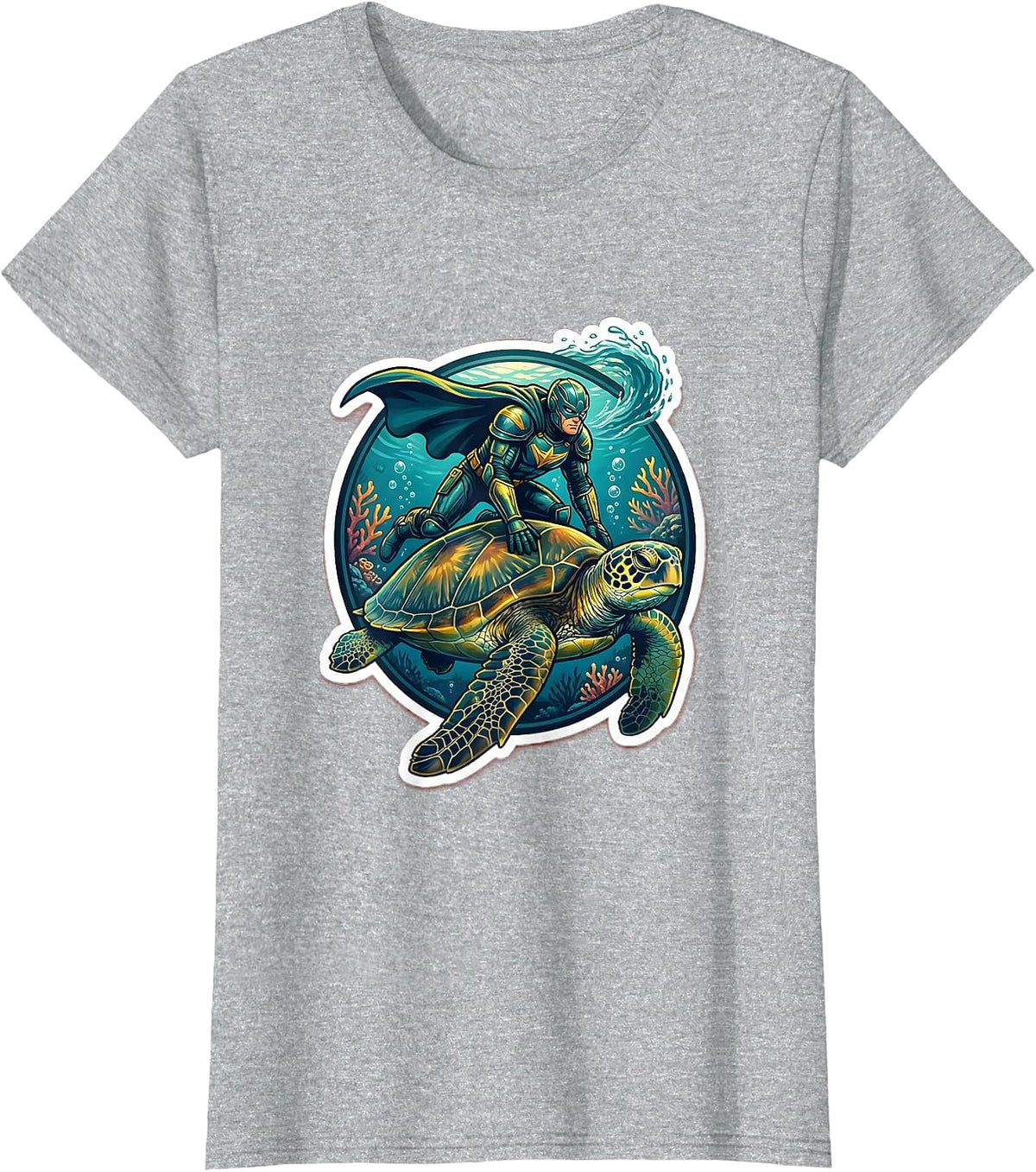 Women's Undersea Hero Riding Giant Sea Turtle Design T-Shirt - Heather Grey
