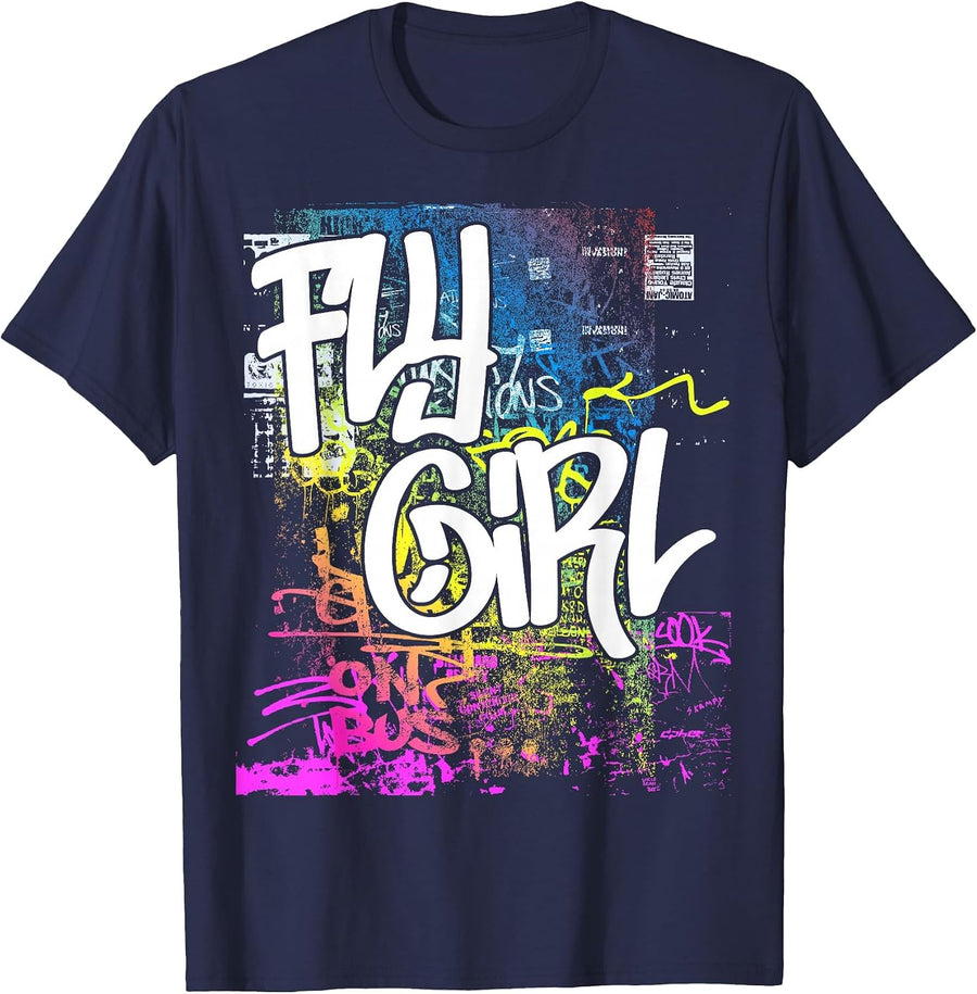 Fly Girl 80s 90s Rap B-Girl Old School Hip Hop Graffiti T-Shirt - Navy Blue