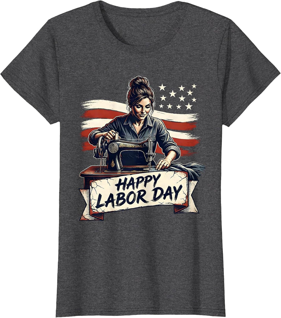 Women's Happy Labor Day Distressed Patriotic Woman Messy Bun Labor T-Shirt - Dark Heather Grey