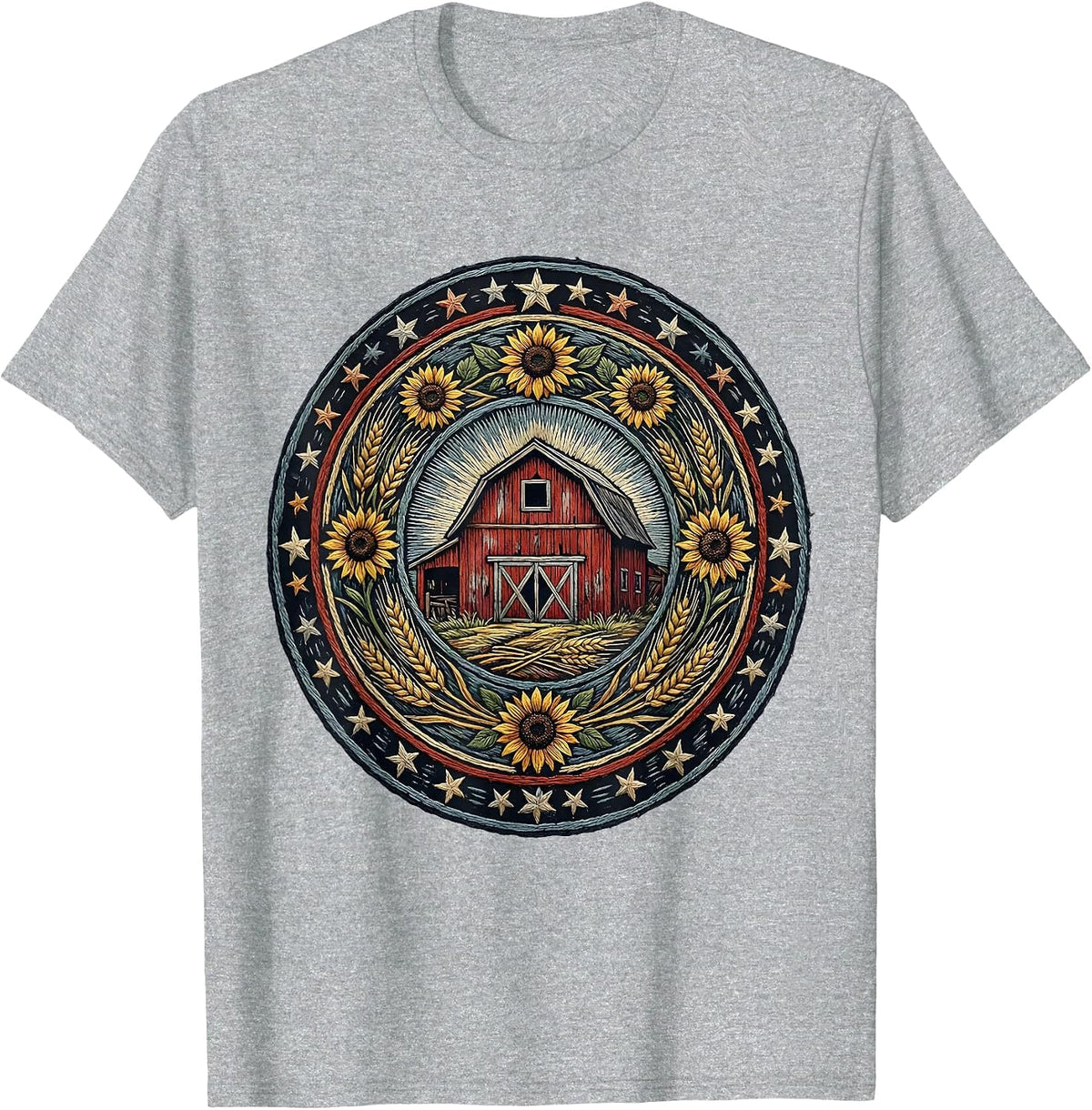 Men's Red Barn Blue Sky Stars Patriotic Country Design T-Shirt - Heather Grey
