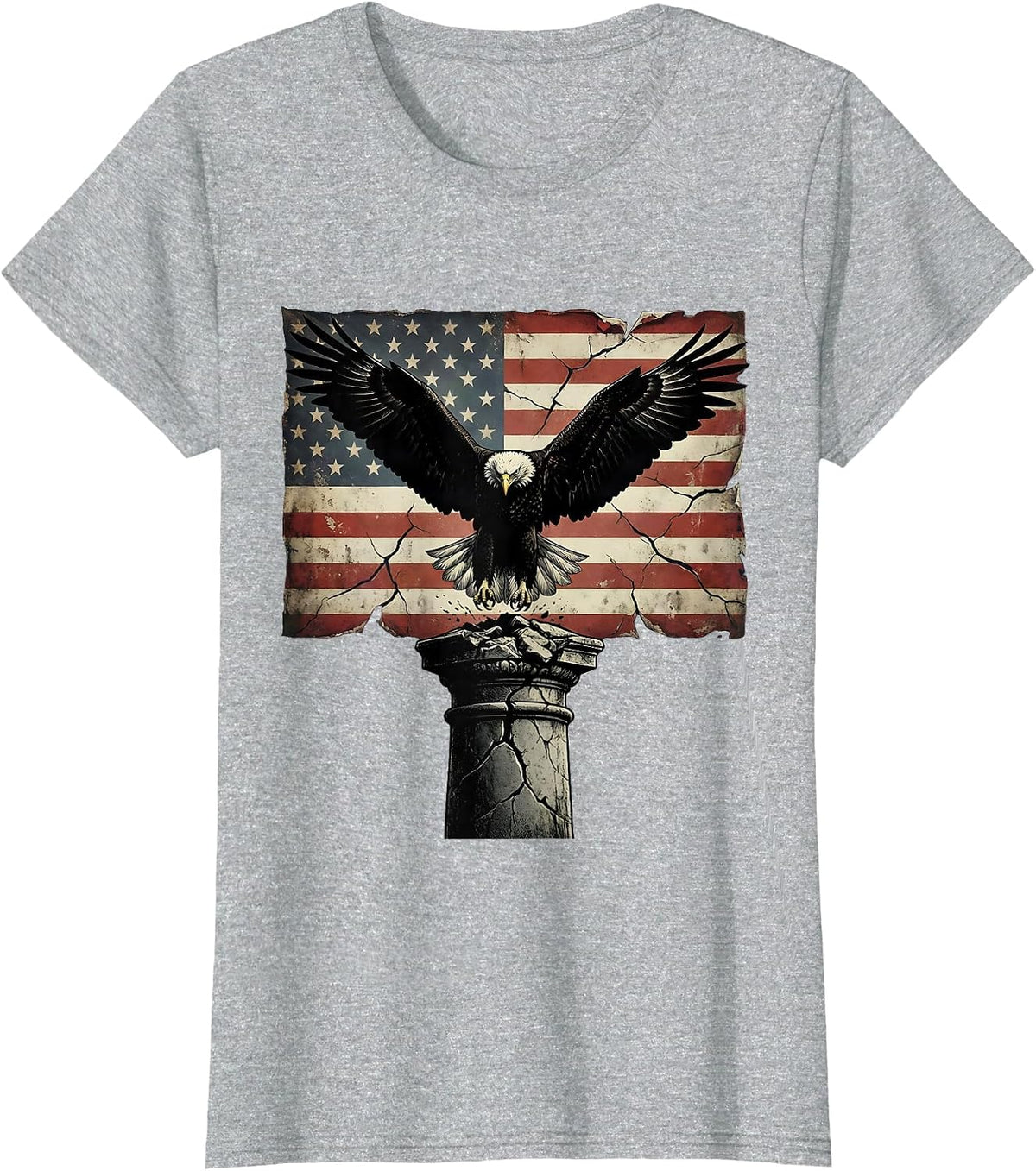 Women's Eagle Landing on Cracked Stone Pedestal Design T-Shirt - Heather Grey