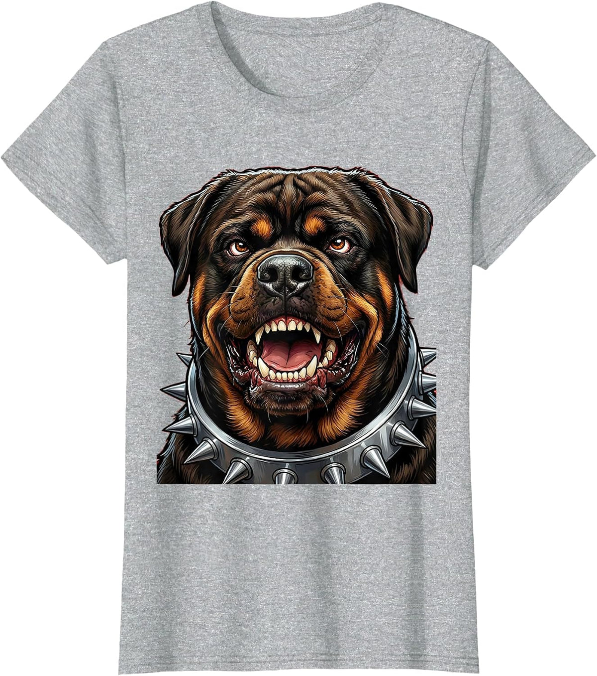 Growling Rottweiler Spiked Collar Graphic Design T-Shirt - Heather Grey