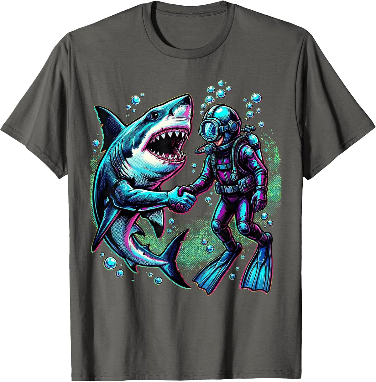 Men's Shark and Diver Holding Hands Underwater Art T-Shirt - Asphalt Grey