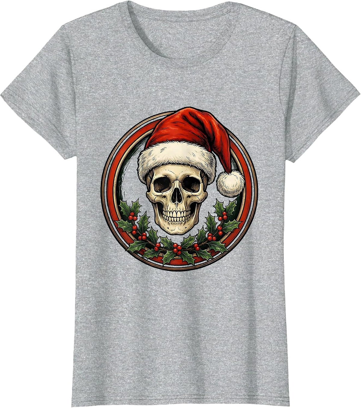 Skull Santa Hat Christmas Holiday Graphic T-Shirt - Heather Grey