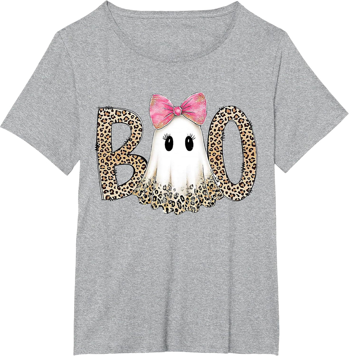 Preppy Leopard Ghost Boo Halloween T-Shirt - Heather Grey