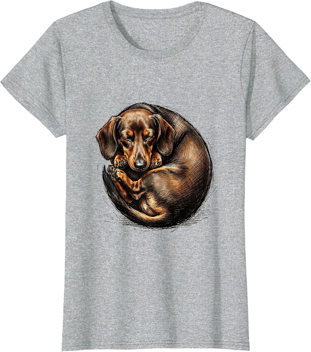 Sleeping Dachshund Donut Curl Cute Dog Lover Graphic T-Shirt - Heather Grey