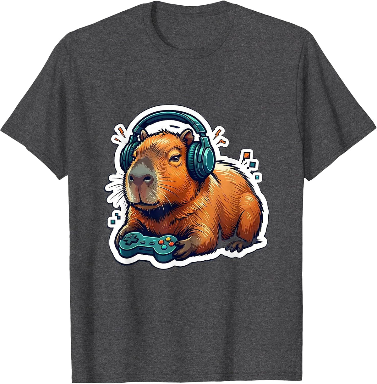 Men's Capybara Gamer Sticker Style Animal Humor T-Shirt - Dark Heather Grey