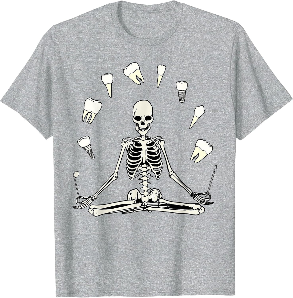 Funny Skeleton Yoga Dental Hygienist Tooth Dentist Halloween T-Shirt - Heather Grey