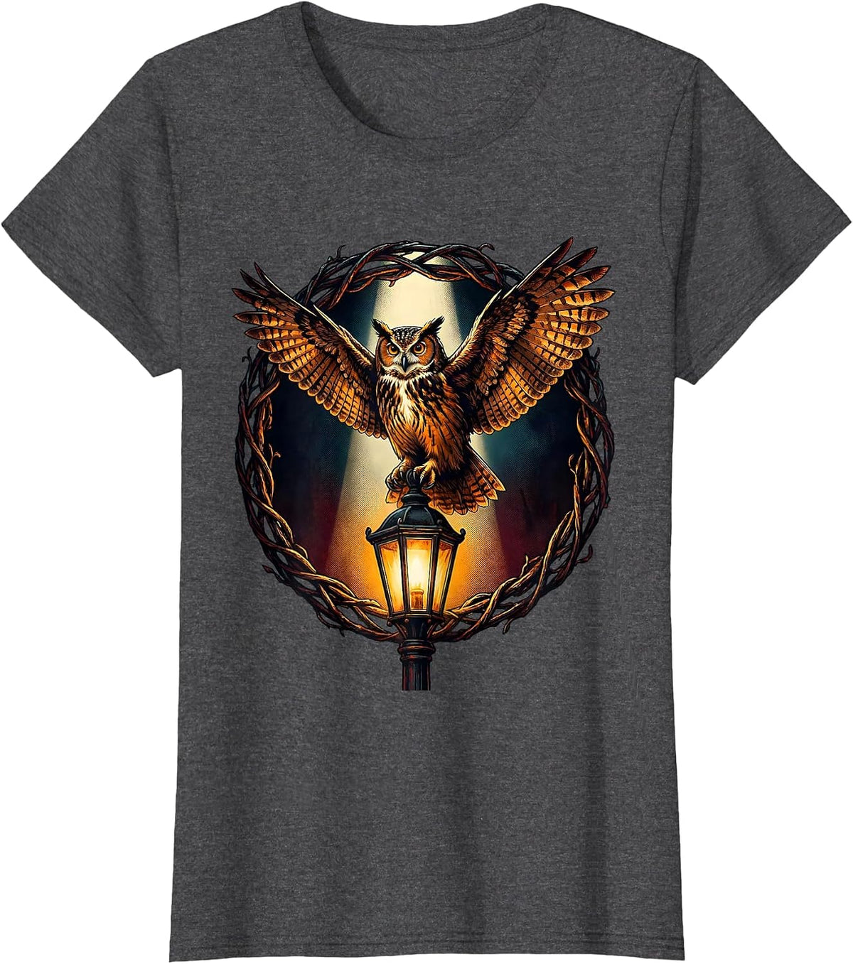 Women's Vintage Halloween Owl on Lantern Post Graphic T-Shirt - Dark Heather Grey