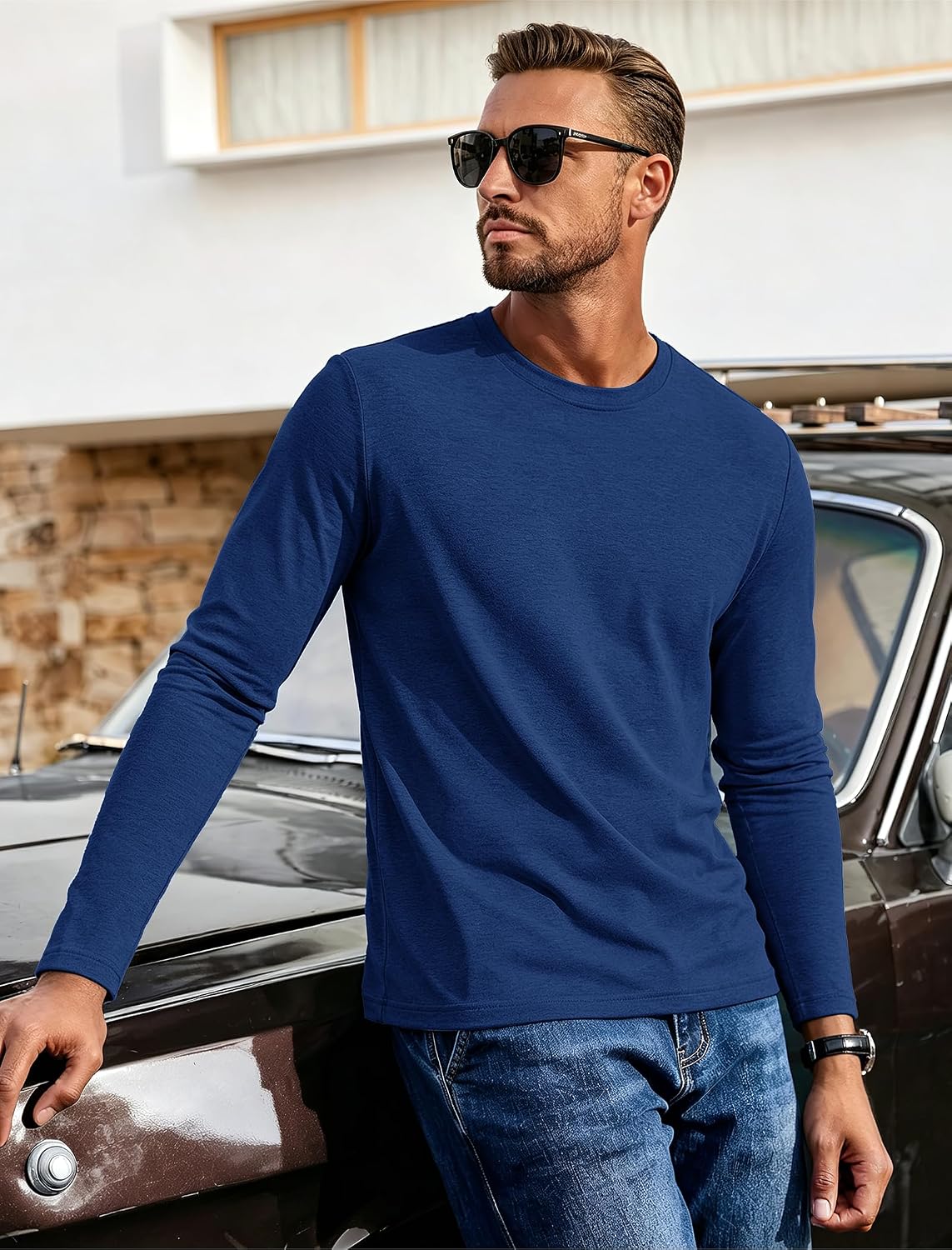 Mens Long Sleeve Tee Shirts Crew Neck Casual Regular Fit Plain - size chart