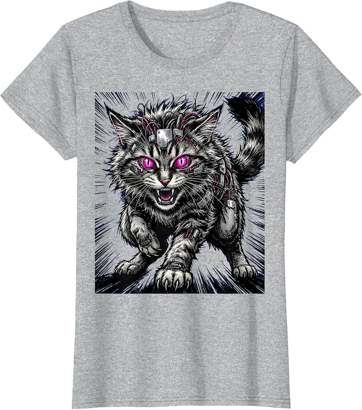 Women's Feral Cyberpunk Cat Neon Cybernetic Eyes Design T-Shirt - Heather Grey