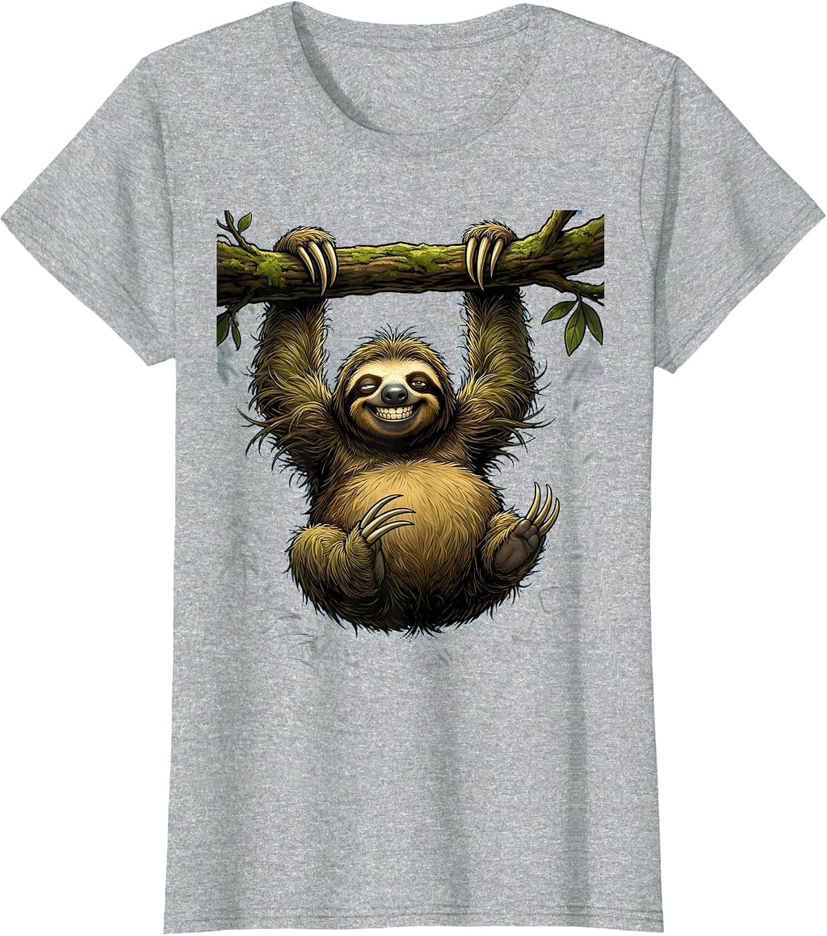 Sloth Wide Open Arms Hanging Illustration T-Shirt - Heather Grey
