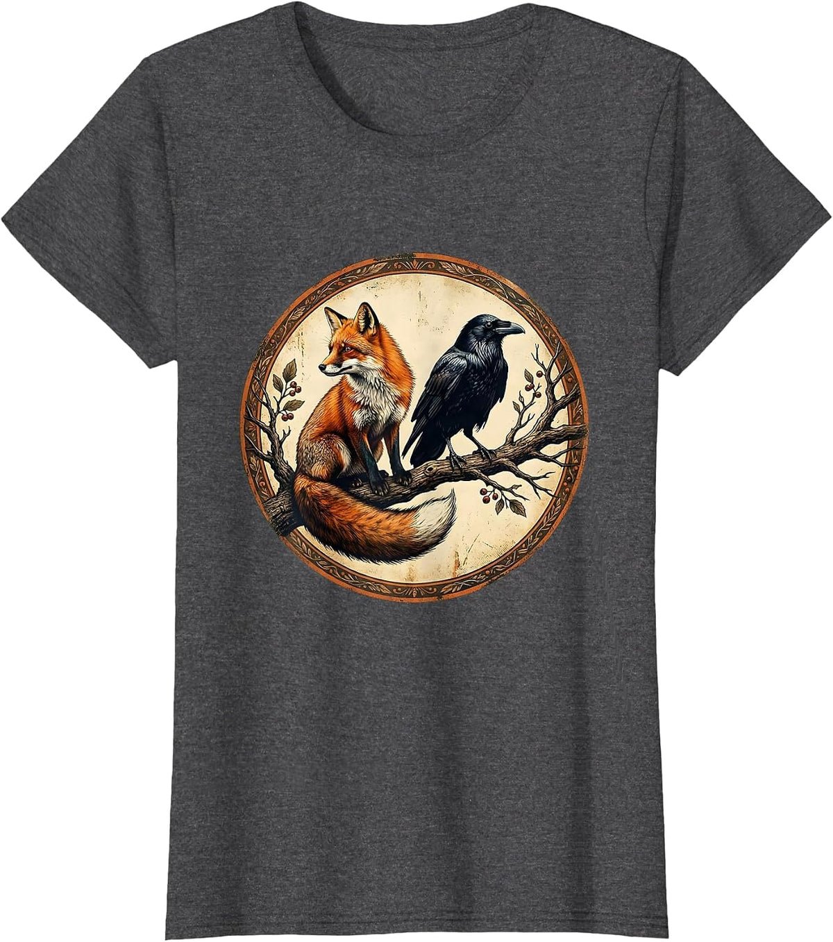 Women's Fox and Raven Perched Together on Branch T-Shirt - Dark Heather Grey