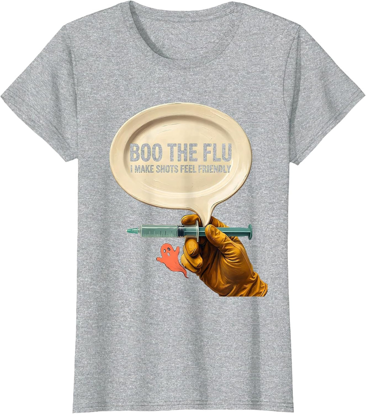 Women's Boo the Flu, I Make Shots Feel Friendly Funny Nurse T-Shirt - Heather Grey