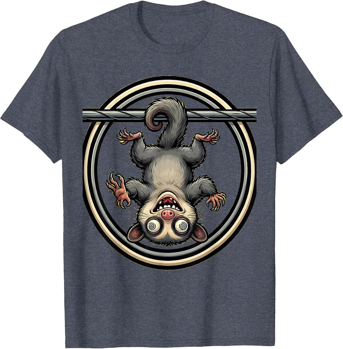 Unhinged Opossum Dangling From Power Line T-Shirt - Heather Blue