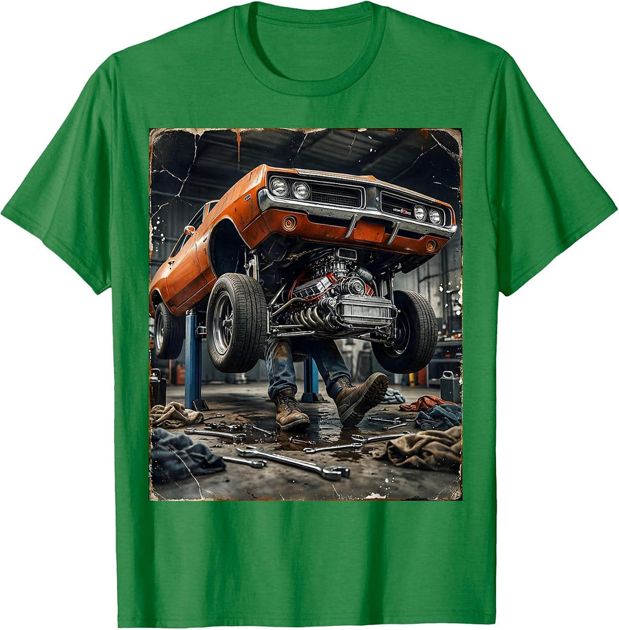 Men's Garage Mechanic Muscle Car Racing Lifestyle T-Shirt - Kelly Green