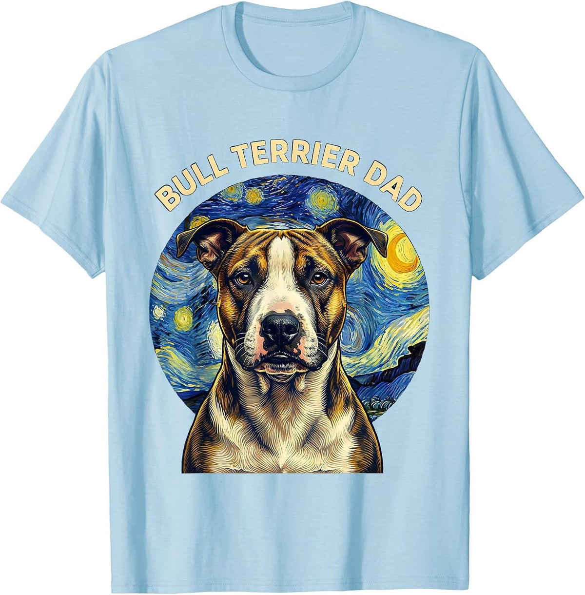 Men's Bull Terrier Dad Whimsical Art Homage Dog Breed Portrait T-Shirt - Baby Blue