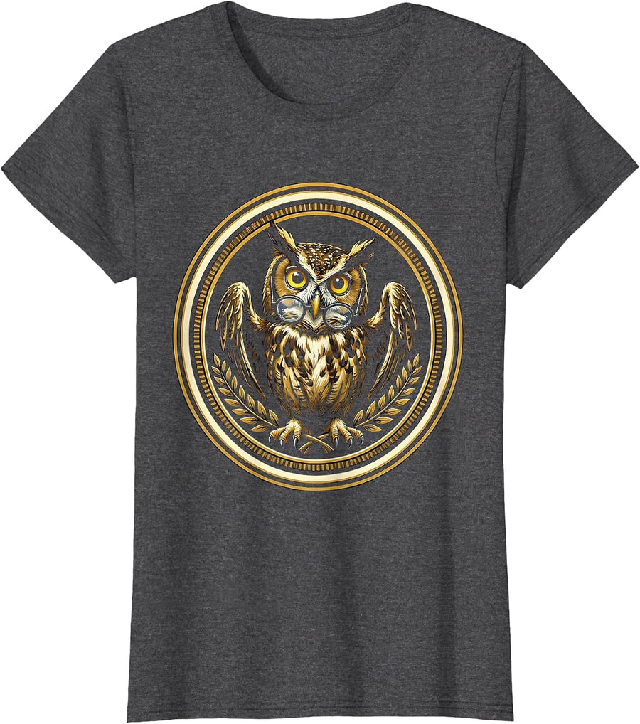 Women's Confused Owl in Glasses Funny Bookworm Design T-Shirt - Dark Heather Grey