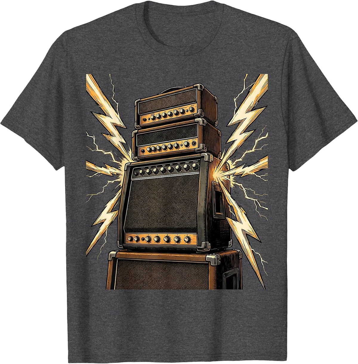 Stacked Amplifier Tower Lightning Bolts Graphic T-Shirt - Dark Heather Grey