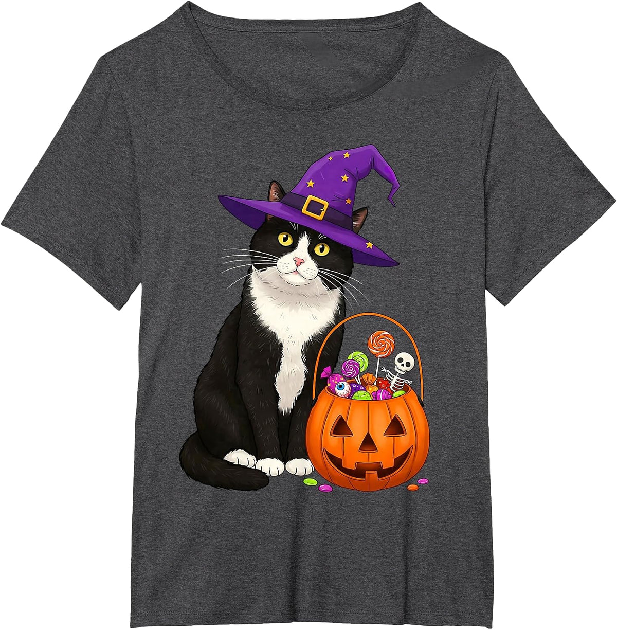 Tuxedo Witch Cat & Halloween Candy Basket for Men Women Kids T-Shirt - Dark Heather Grey