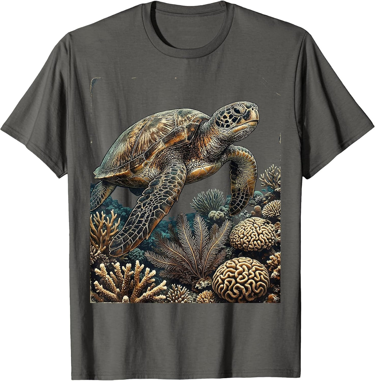 Sea Turtle Coral Reef Caribbean Ocean Design T-Shirt - Asphalt Grey