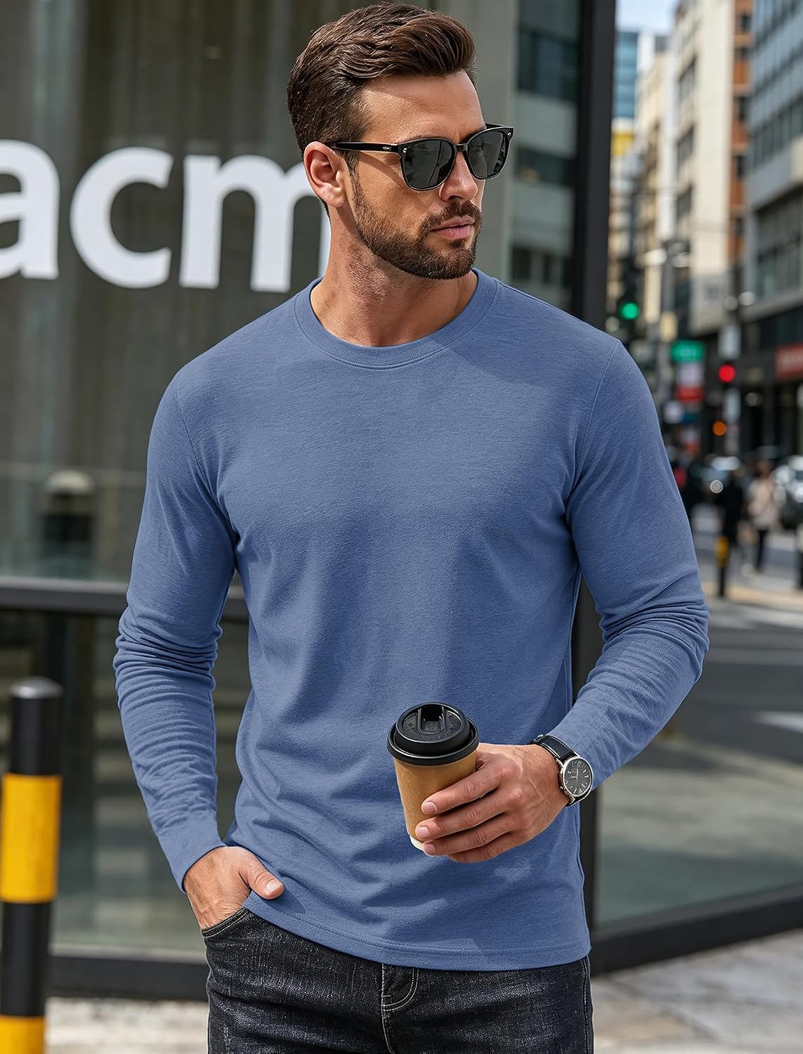 Mens Long Sleeve Tee Shirts Crew Neck Casual Regular Fit Plain - size chart