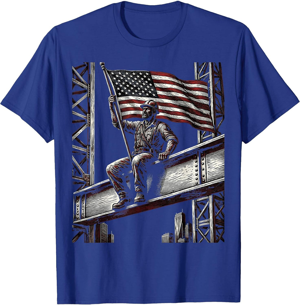 American Flag Construction Worker Steel Beam T-Shirt - Royal Blue