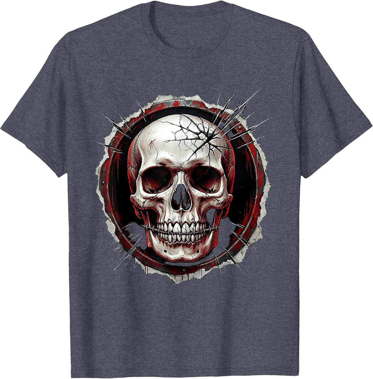 Skull Stitched Grin Cracked Teeth Dark Art Design T-Shirt - Heather Blue