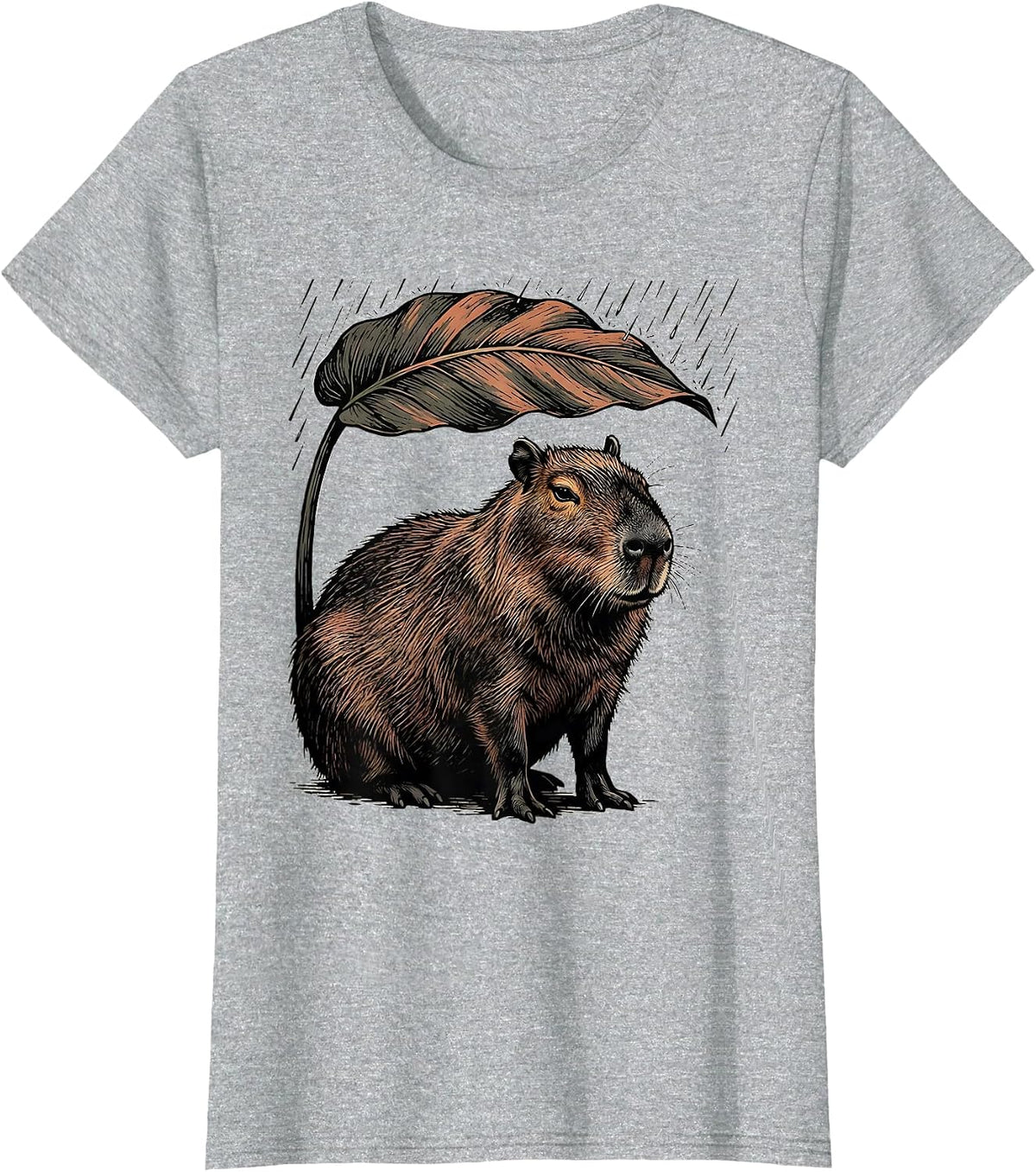 Capybara Under Leaf Linocut Funny Animal Humor T-Shirt - Heather Grey