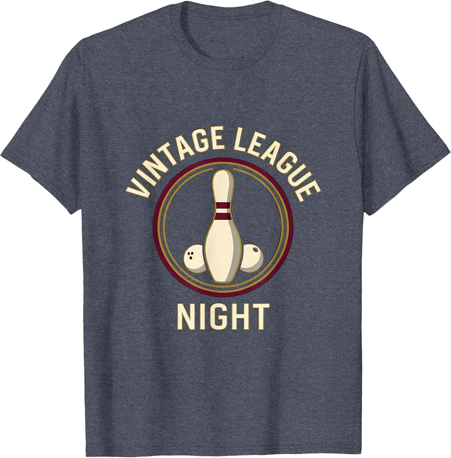 Vintage League Night Retro Bowling Design T-Shirt - Heather Blue
