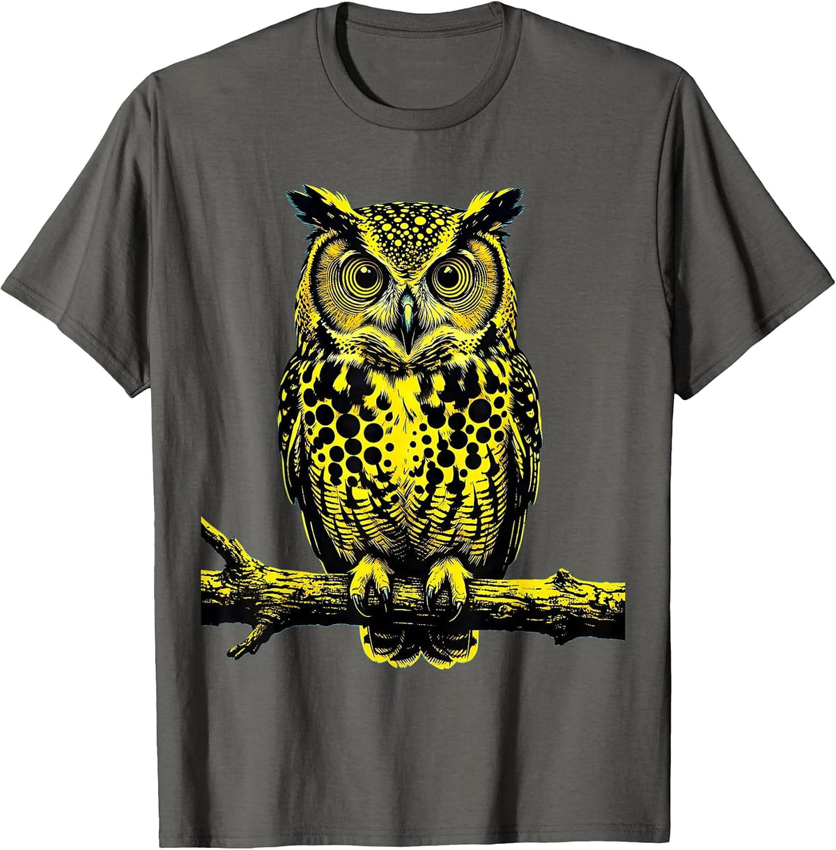 Spotted Owl on Branch Polka Dot Nature Design T-Shirt - Asphalt Grey
